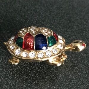 Turtle Gold Tone Brooch With Multi Color Stones Shell and White Rhinestones